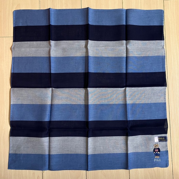 New Polo Ralph Lauren Bear Handkerchief Scarf Pocket Square Blue Grey Stripes - Picture 2 of 2